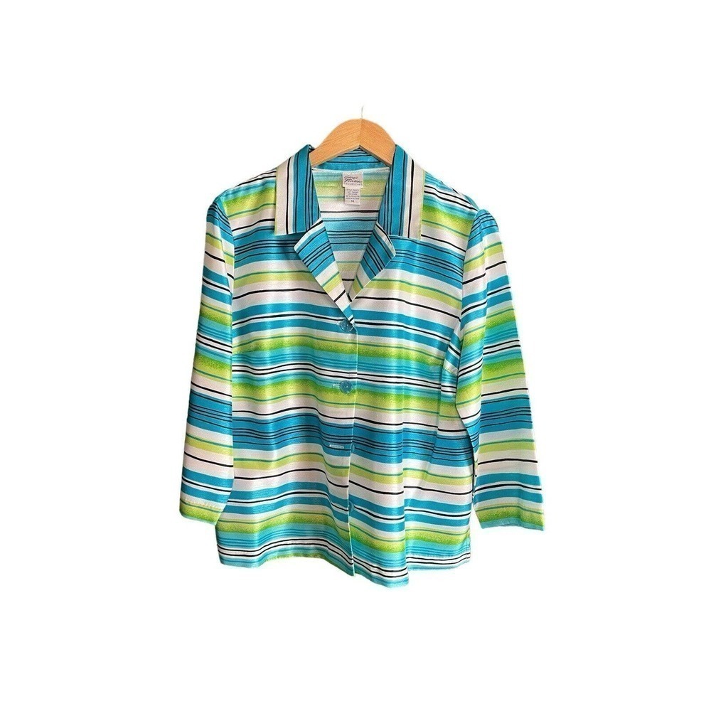 Giorgio Fiorline Stripe Blouse Size 14 Shiny Blue Green Button Front Vintage 90s